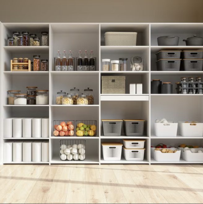 Pantry shelves with labeled jars and storage bins